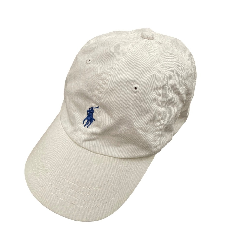 Vintage Polo Ralph Lauren Baseball Cap OS White Blue Embroidered Pony Hat Preppy